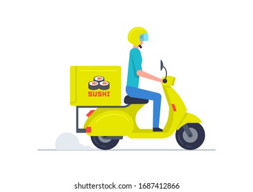 Courier Delivering Sushi on scooter. Sushi delivery service. concept flat design