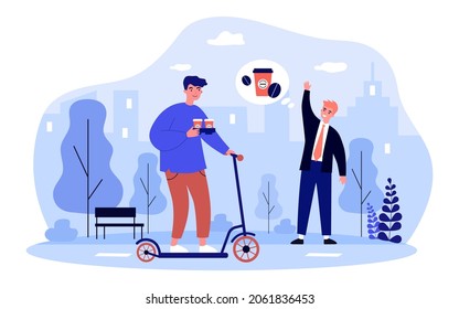 Courier delivering takeaway coffee for businessman. Deliveryman with scooter holding cups with drinks flat vector illustration. Coffee delivery concept for banner, website design or landing web page