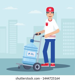 Courier delivering water flat vector illustration. Purified potable water delivery service. Man carrying plastic bottle with liquid on cart cartoon character. Man loading filtered fluid gallon drawing