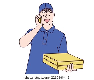 The courier delivers the boxes. Pizza delivery. Fast food. Vector illustration. Worker in a cap. Worker. Food.