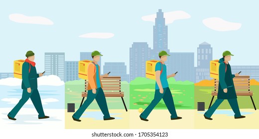 A courier delivers food or other items on foot at all times of the year and in all weather conditions