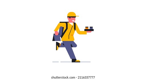 The courier delivers food at a run. Online food delivery service to your home. Courier in working uniform. Bag, package, backpack, pizza, coffee. Vector illustration