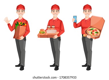 Courier liefert Nahrung, Satz von drei Posen. Lieferservice-Konzept. Schöner männlicher Cartoon-Charakter. Vektorillustration einzeln auf weißem Hintergrund