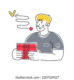 The courier delivers the goods to the buyer. Modern simple graphics in the style of comics. A young guy with a box.