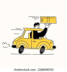 The courier delivers the goods to the buyer. Modern simple graphics. A young guy with a box is driving a car.