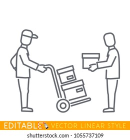 Courier, delivers goods, parcel, boxes to the recipient. Delivery service man carrying boxes, using dolly. Editable stroke sketch icon. Stock vector illustration.