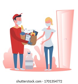 
A courier delivers groceries from an onlain supermarket. Delivery to the door of the girl. Stay home. Courier in a medical mask and gloves. Vector, cartoon illustration.