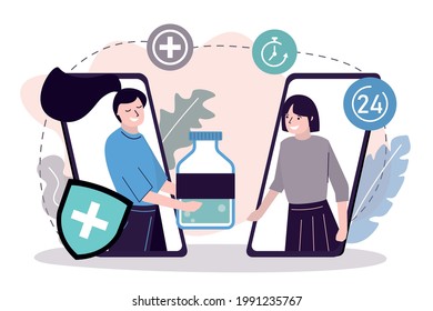 Courier delivers medicine to client. Concept of delivery service and e-commerce. Girl orders medicines from online pharmacy. Internet drug store. Medication fast delivery. Flat vector illustration