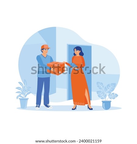 The courier delivers the order box to the customer's address. A woman receives an order box from a delivery person at home. order Confirmation concept. Trend Modern vector flat illustration