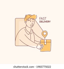 The courier delivers the order to the buyer. A young man holds a parcel in his hands and smiles. Service for the delivery of goods. A concept illustration in a cartoon style.