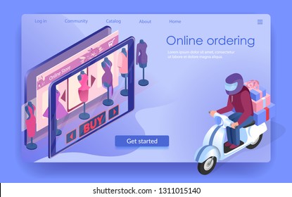 Courier Delivers Order by Motorbike. Boxes from Clothing Shop. Fashion Showcase in Tablet. Fast Delivery Service. Online Ordering. E-Commerce. Buy Button on Landing Page. Isometric Vector EPS 10.