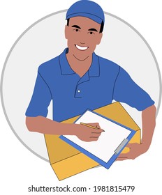 The courier delivers the order to the client in a box. Vector illustration.