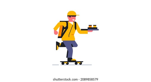 A courier delivers an order on a skateboard. Online delivery service for parcels and food to your home. Courier in working uniform. Backpack, bag, package, food, coffee, pizza. Vector illustration