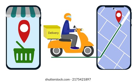 The courier delivers the order quickly on a scooter with the ability to track it on the card. Delivery with location mobile application. Cargo delivery, online orders.