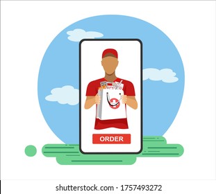 Courier delivers orders. Medicines Delivery  online on smartphone . Logistics and safe delivery concept. Delivery home and office. Suitable for web landing page, ui, banner. Vector.