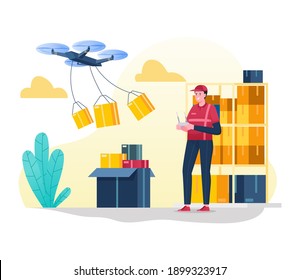 Der Kurier liefert das Paket per Drohne an die Kundenadresse, moderne Technologie-Zustelldienste