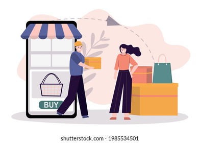 Courier delivers package to client. Online store application on smartphone screen. Girl rejoices at delivered parcel. Fast delivery service. Online shopping and e-commerce. Flat vector illustration