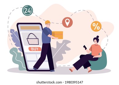 Courier delivers package to customer. Female character ordered different products in e-shop. Online shopping application on mobile phone screen. Fast home delivery and e-commerce. Vector illustration