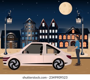 courier delivers a parcel in the car, package in the car, parcels being taken out of the car,courier delivers overnight, delivery in the evening on the street delivery worker