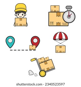 Courier delivers parcel with map and pin in hand.
Delivery man with umbrella and cart in front of map.
Parcel box with timer and cart on map.
Courier delivers package to pin on map.
Delivery woman wit