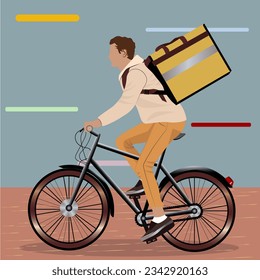 courier delivers a parcel on a bicycle, couriercarrying a parcel with a backpack, map navigator shows the way to the courier, courier man, the courier carries  the order to the customer