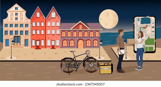 courier delivers a parcel on a bicycle, courier carrying a parcel with a backpack,the courier carries  the order to the customer, moon,overnight delivery, full moon, torches burning at night,cafe
