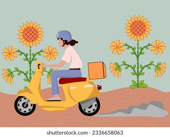 courier delivers a parcel on a moped, package on a moped, sunflowers on the road