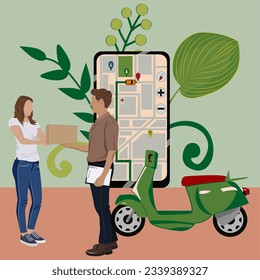 courier delivers a parcel on a moped, package on a moped, green moped, the courier delivers the parcel to the customer, list with pen, list in the hands of the courier, the customer takes his purchase