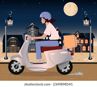 courier delivers a parcel on a moped, package on a moped,delivery worker, delivery woman,courier delivers overnight,delivery in the evening on the street,white mopedfull moon, torches burning at night