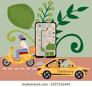 courier delivers a parcel on a yellow moped, package on a yelow moped, courier delivers a parcel in the yellow car, package in the yellow car, plant on the road