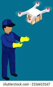 Courier delivers parcel using flying drone. Future technologies, quadrocopter, remote control, delivery man, safe delivery service. Transportation of goods by air using modern flying equipment