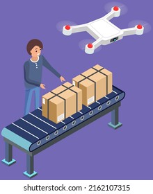 Courier delivers parcel using flying drone. Future technologies, remote control, delivery man, safe delivery service. Transportation of goods by air using modern flying equipment