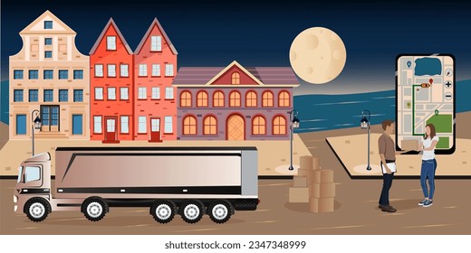 courier delivers a parcel in the  white truck,the courier carries  the order to the customer,moon,overnight delivery,full moon,torches burning at night,cafe, map navigator shows the way to the courier