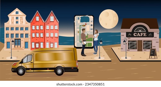 courier delivers a parcel in the yellow truck,the courier carries  the order to the customer,moon,overnight delivery,full moon,torches burning at night,cafe, map navigator shows the way to the courier