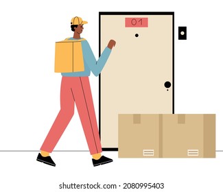 The courier delivers parcels, parcels are at the door. The courier knocks on the apartment door
