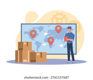 Courier delivers parcels. Placemarks on map, customer conversion, cargo tracking, global shipping management, distribution operations planning, export import vector cartoon flat style isolated concept