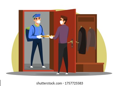 Courier delivers pizza box to customer at home, online food ordering. Men in medical protection masks, gloves. Vector illustration of distance service in coronavirus pandemic, infection prevention