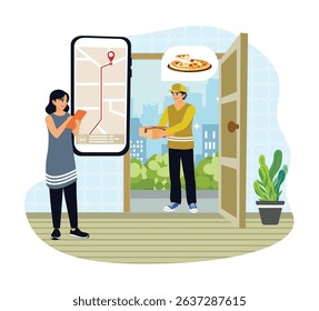 The courier delivers the pizza order to the customer's address. The pizza delivery person hands over the order at the customer's home.