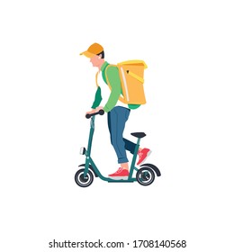 The courier delivers products to your home and office. Courier delivery. The remote ordering of food. Courier rides a scooter