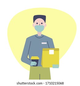 Courier delivers take a way food. Man in protective face mask and gloves. Delivery service in quarantine. Flat vector illustration.