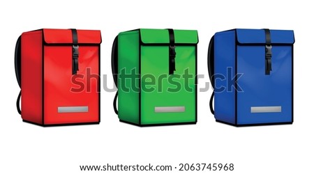 Courier delivery bags set with three realistic bright red green and blue backpacks isolated on white background vector illustration