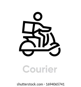 Courier Delivery Bike icon. Editable line vector. Element of a man with a backpack on his back, riding a scooter. Single pictogram.