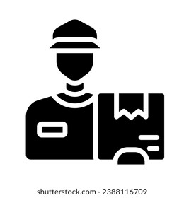 Courier delivery black glyph icon. Deliver package door to door. Express shipment. Postman. Shipping service. Silhouette symbol on white space. Solid pictogram. Vector isolated illustration