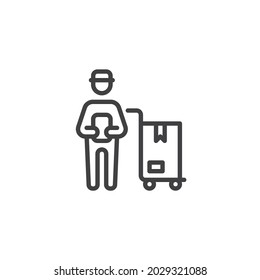 Courier delivery box line icon. linear style sign for mobile concept and web design. Man delivery parcel box outline vector icon. Symbol, logo illustration. Vector graphics