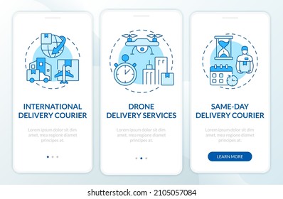 Courier delivery business blue and white onboarding mobile app screen. Post walkthrough 3 steps graphic instructions pages with concepts. UI, UX, GUI template. Myriad Pro-Bold, Regular fonts used