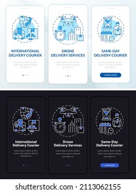 Courier delivery business day and night theme onboarding mobile app screen. Freight walkthrough 3 steps graphic pages with linear concepts. UI, UX, GUI template. Myriad Pro-Bold, Regular fonts used