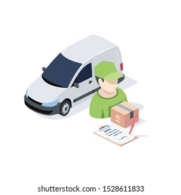 Courier delivery car. Vector 3d isometric, color web icon, new flat style. Creative illustration design, idea for infographics.