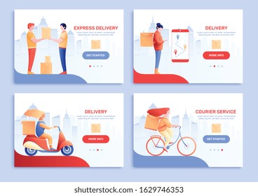 Courier delivery cards flat set with people doing their work on foot and by individual transport vector illustration