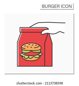 Icono de color de entrega de mensajería. Entrega rápida mano a mano. Sabrosa hamburguesa en bolsa de papel. Concepto de comida rápida. Ilustración vectorial aislada