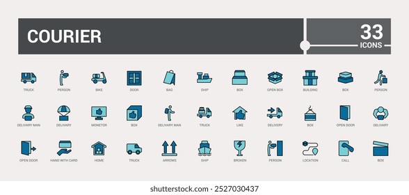 Courier e entrega colorido conjunto de ícones de linha, coleção de ícones de contorno de transporte. Ícone de cor para linha e símbolo de mistura preenchido. Os nomes dos ícones são escritos em inglês.